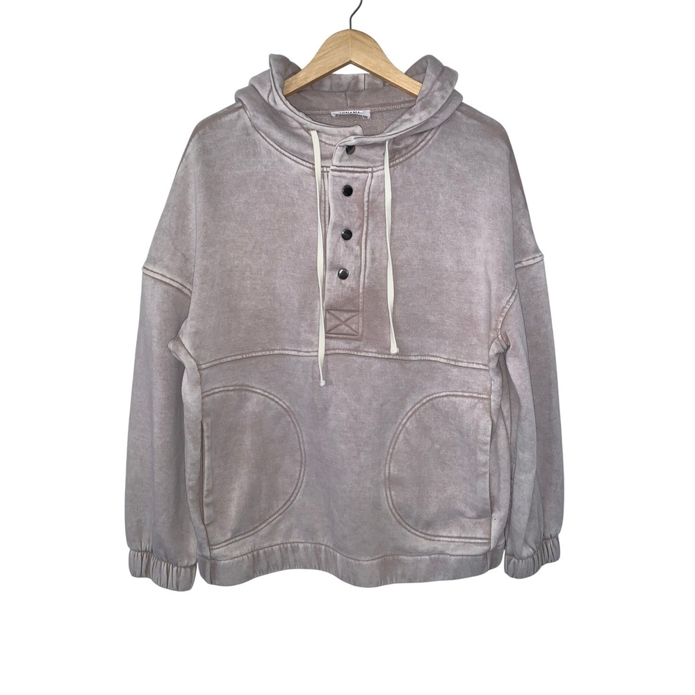 Zenana Women‎ Mineral Wash Tan/Gray Snap Button Hooded Sweatshirt  Medium